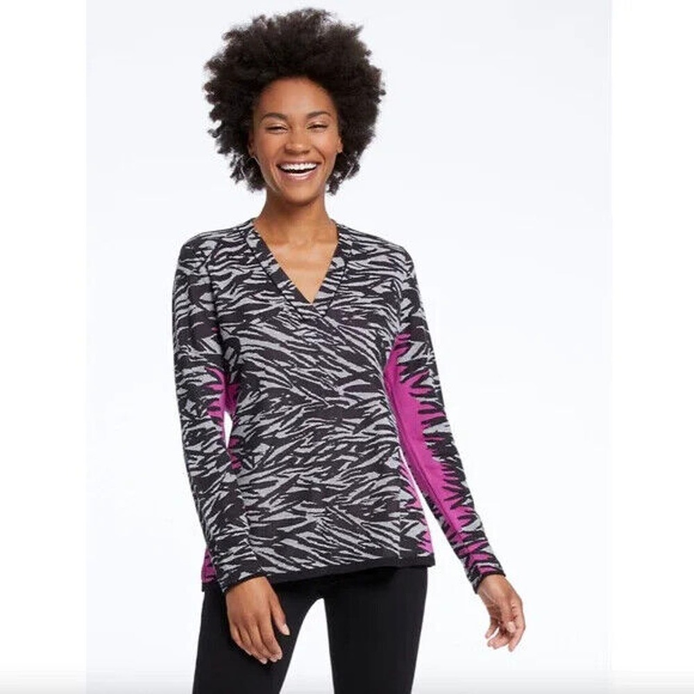 NIC+ZOE Grey and Pink Zebra Print V Neck BORN TO RUN SWEATER Size PP